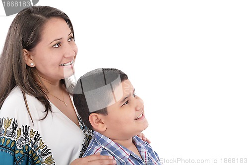 Image of Happy mother with orthodontics and son isolated on light backgro