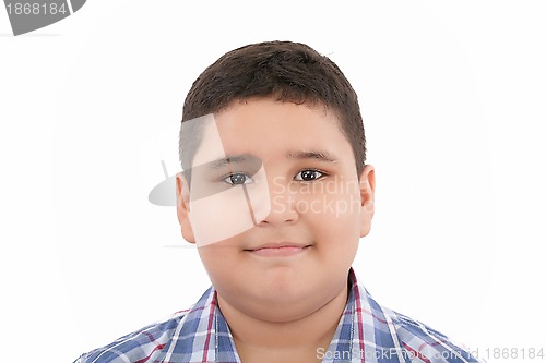 Image of Portrait of happy little boy over white background
