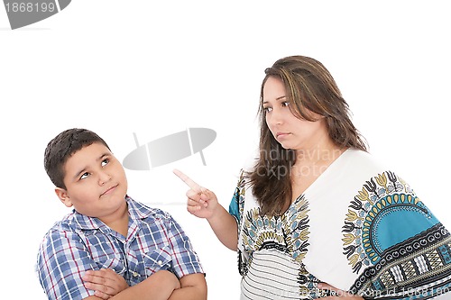 Image of Mother scolding her son isolated on white background 