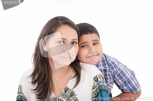 Image of Portrait of mother and child, isolated on white