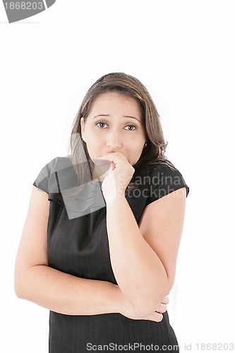 Image of Businesswoman shrugging, isolated on white background