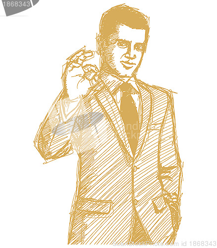 Image of Sketch happy businessman in suit shows OK