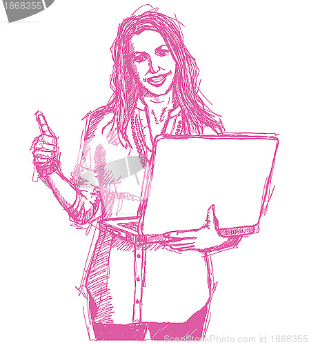 Image of Sketch female with laptop shows well done