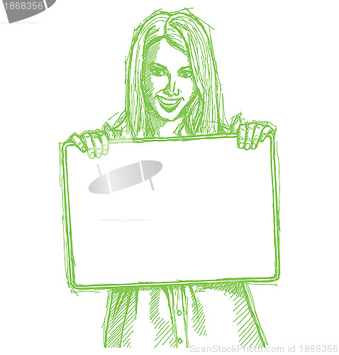 Image of Sketch happy business woman holding blank white card