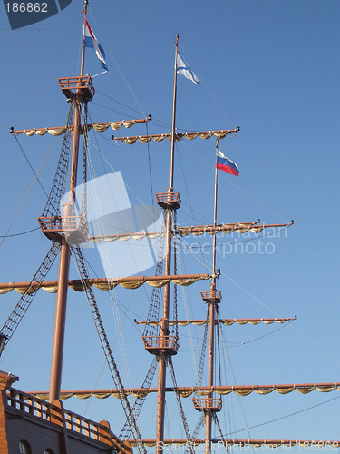 Image of Sailing ship masts and flags