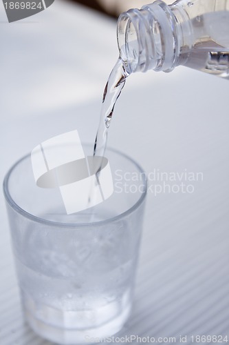 Image of fresh cold clear mineral water in bottle and glass on table