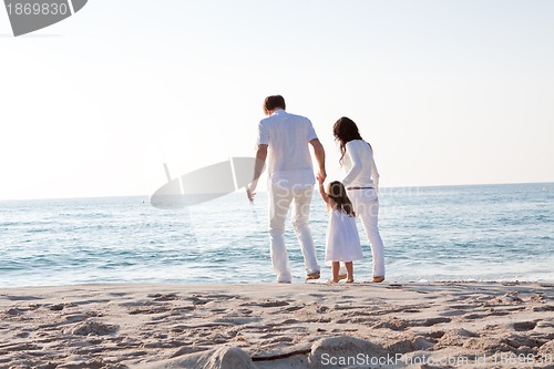 Image of happy young family with daughter on beach in summer