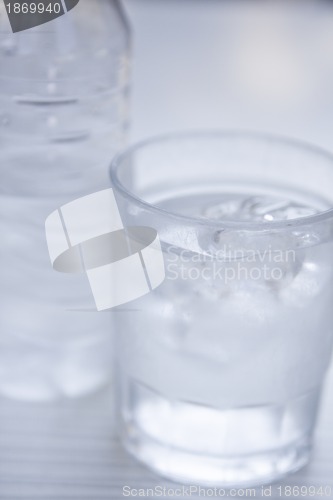 Image of fresh cold clear mineral water in bottle and glass on table