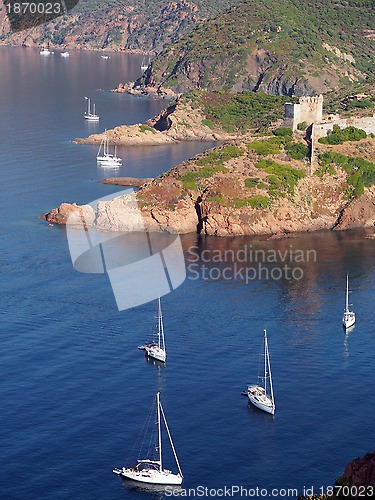 Image of Sailboat and Girolata genovese fort , Corsica , France