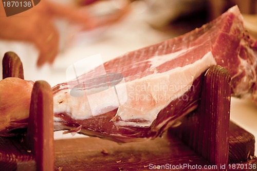 Image of deliscious fresh parma serrano ham slices pork gourmet jamon