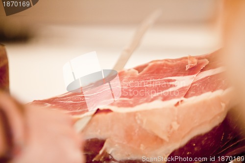 Image of deliscious fresh parma serrano ham slices pork gourmet jamon