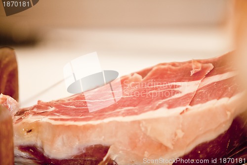 Image of deliscious fresh parma serrano ham slices pork gourmet jamon