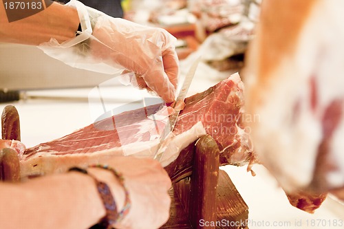 Image of deliscious fresh parma serrano ham slices pork gourmet jamon