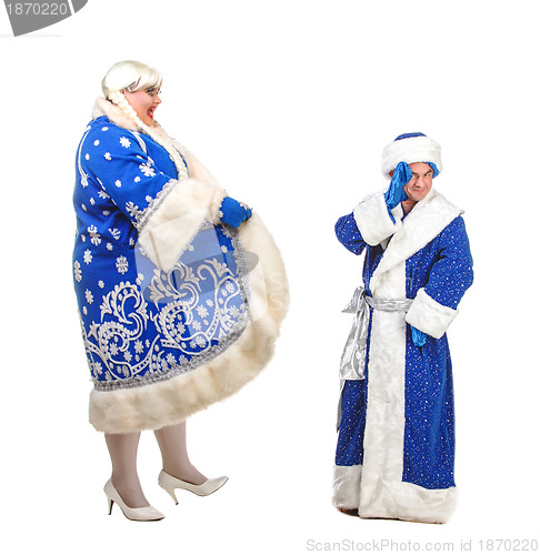 Image of Travesty Actors Genre Depict Santa Claus and Snow Maiden