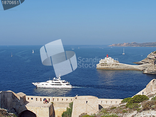 Image of Yacht leaving Bonifacio harbor, Corsica, France