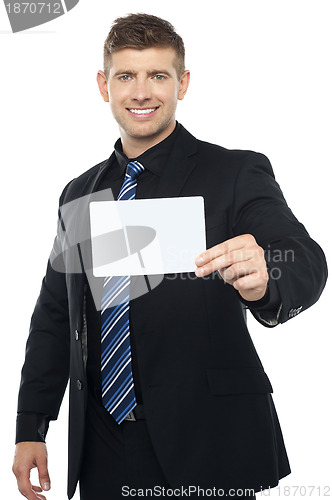 Image of Business consultant presenting blank placard