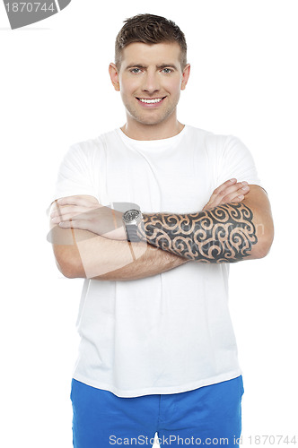 Image of Masculine chap with massive tattoos