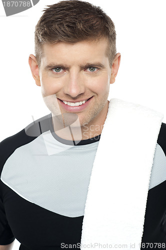 Image of Close up shot of smiling male in sportswear