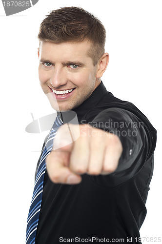 Image of Joyous business consultant pointing at you