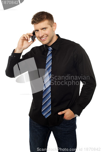 Image of Cheerful businessperson communicating