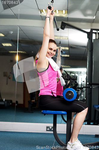 Image of Woman toning her upper and core muscles in multi gym