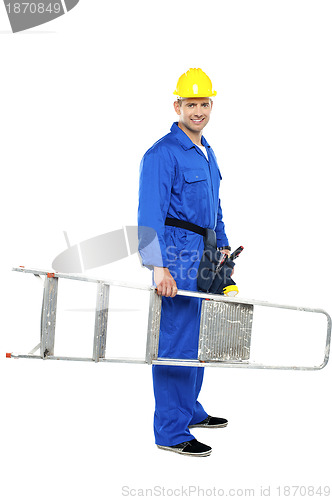 Image of Young repairman ready with stepladder