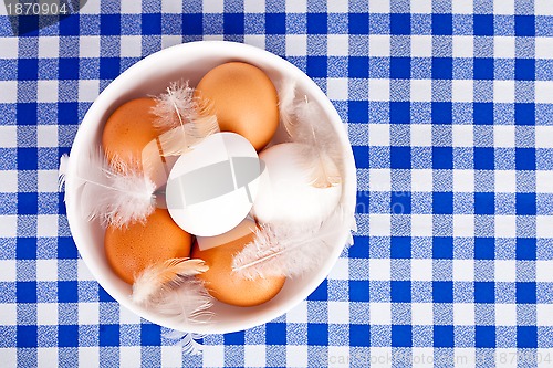 Image of brown and white eggs, feathers in a bowl