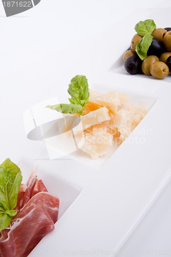 Image of deliscious antipasti plate with parma parmesan and olives