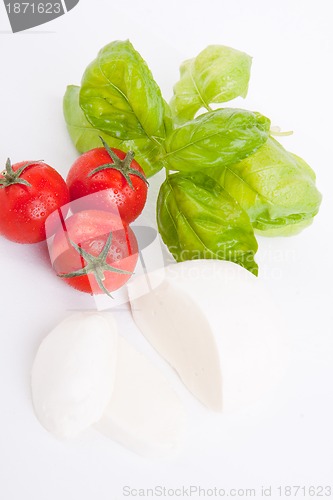 Image of tasty tomatoe mozzarella salad with basil on white 