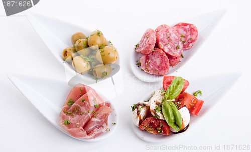 Image of deliscious antipasti plate with parma parmesan and olives