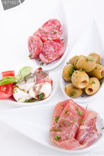 Image of deliscious antipasti plate with parma parmesan and olives