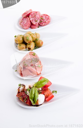 Image of deliscious antipasti plate with parma parmesan and olives
