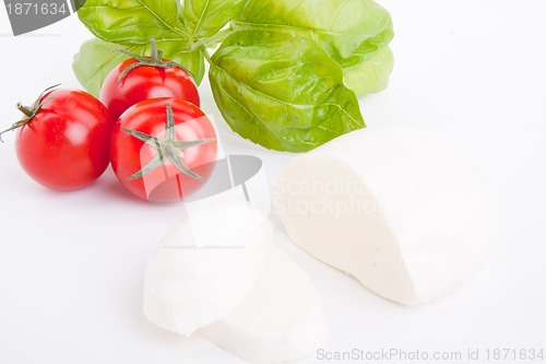 Image of tasty tomatoe mozzarella salad with basil on white 