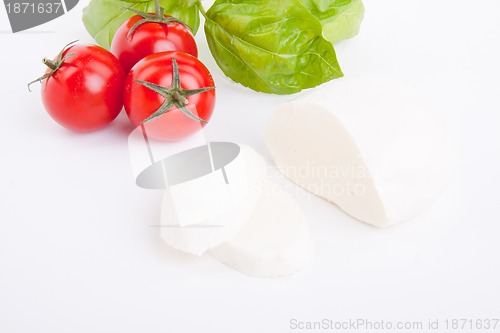 Image of tasty tomatoe mozzarella salad with basil on white 