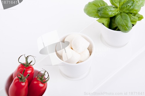 Image of tasty tomatoe mozzarella salad with basil on white 