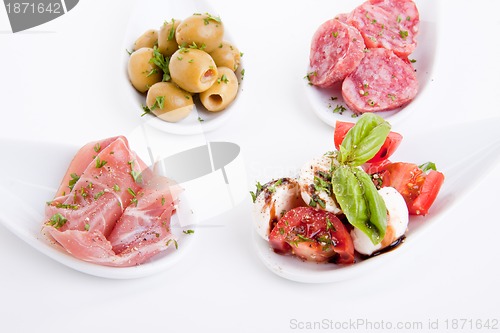 Image of deliscious antipasti plate with parma parmesan and olives