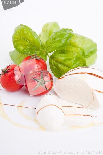 Image of tasty tomatoe mozzarella salad with basil on white 