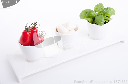 Image of tasty tomatoe mozzarella salad with basil on white 