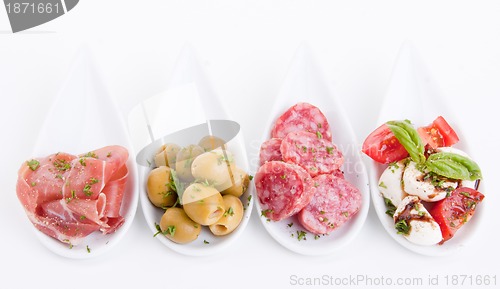 Image of deliscious antipasti plate with parma parmesan and olives