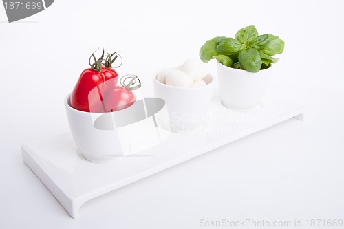 Image of tasty tomatoe mozzarella salad with basil on white 