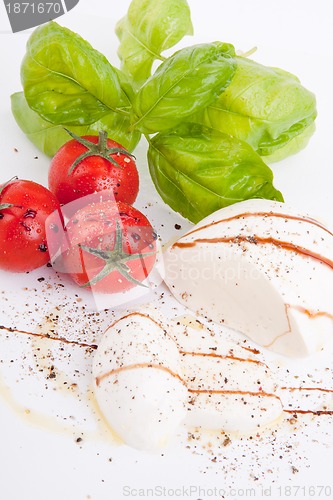 Image of tasty tomatoe mozzarella salad with basil on white 