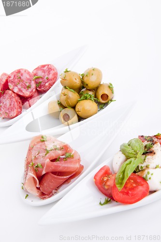 Image of deliscious antipasti plate with parma parmesan and olives