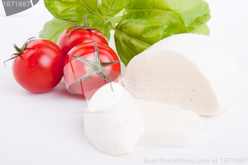 Image of tasty tomatoe mozzarella salad with basil on white 