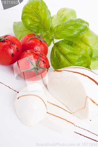 Image of tasty tomatoe mozzarella salad with basil on white 