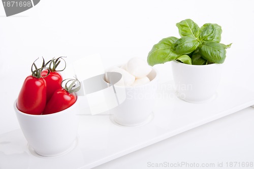 Image of tasty tomatoe mozzarella salad with basil on white 