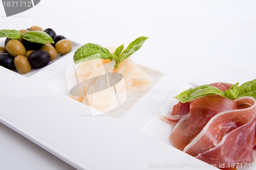 Image of deliscious antipasti plate with parma parmesan and olives