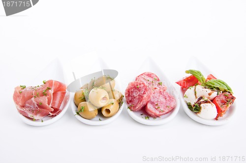Image of deliscious antipasti plate with parma parmesan and olives