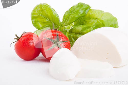 Image of tasty tomatoe mozzarella salad with basil on white 