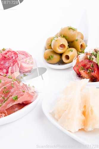 Image of deliscious antipasti plate with parma parmesan and olives