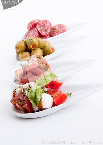 Image of deliscious antipasti plate with parma parmesan and olives